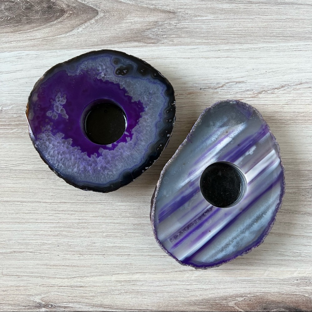 Purple Agate Geode Crystal Tea Light Candle Holders! Set of 2 - Brazil Agate - Picture 1 of 7